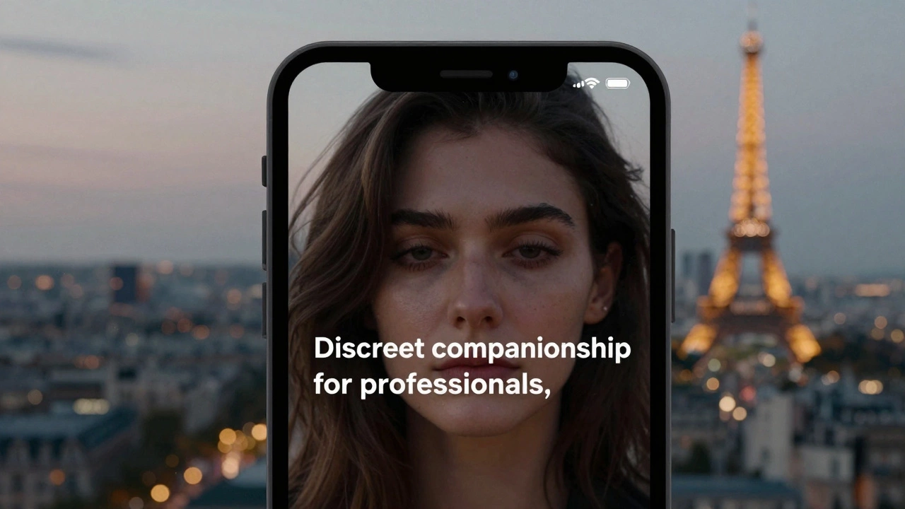 A smartphone screen displays a coded message about discreet companionship, reflecting a woman&#039;s eyes.