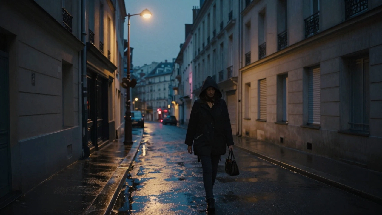 A woman walks alone down a quiet Paris street at night, hood up, under a dim streetlamp.